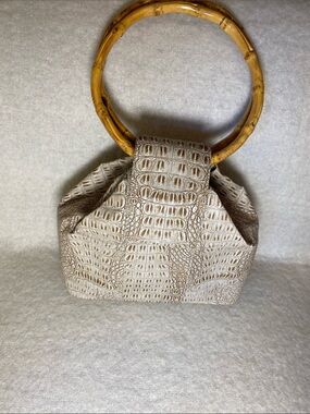 Beige Croc-Embossed Bamboo Handle Tote